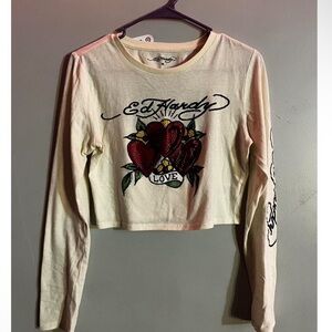 Ed Hardy Cream Long Sleeve Tee with Red Heart Motif